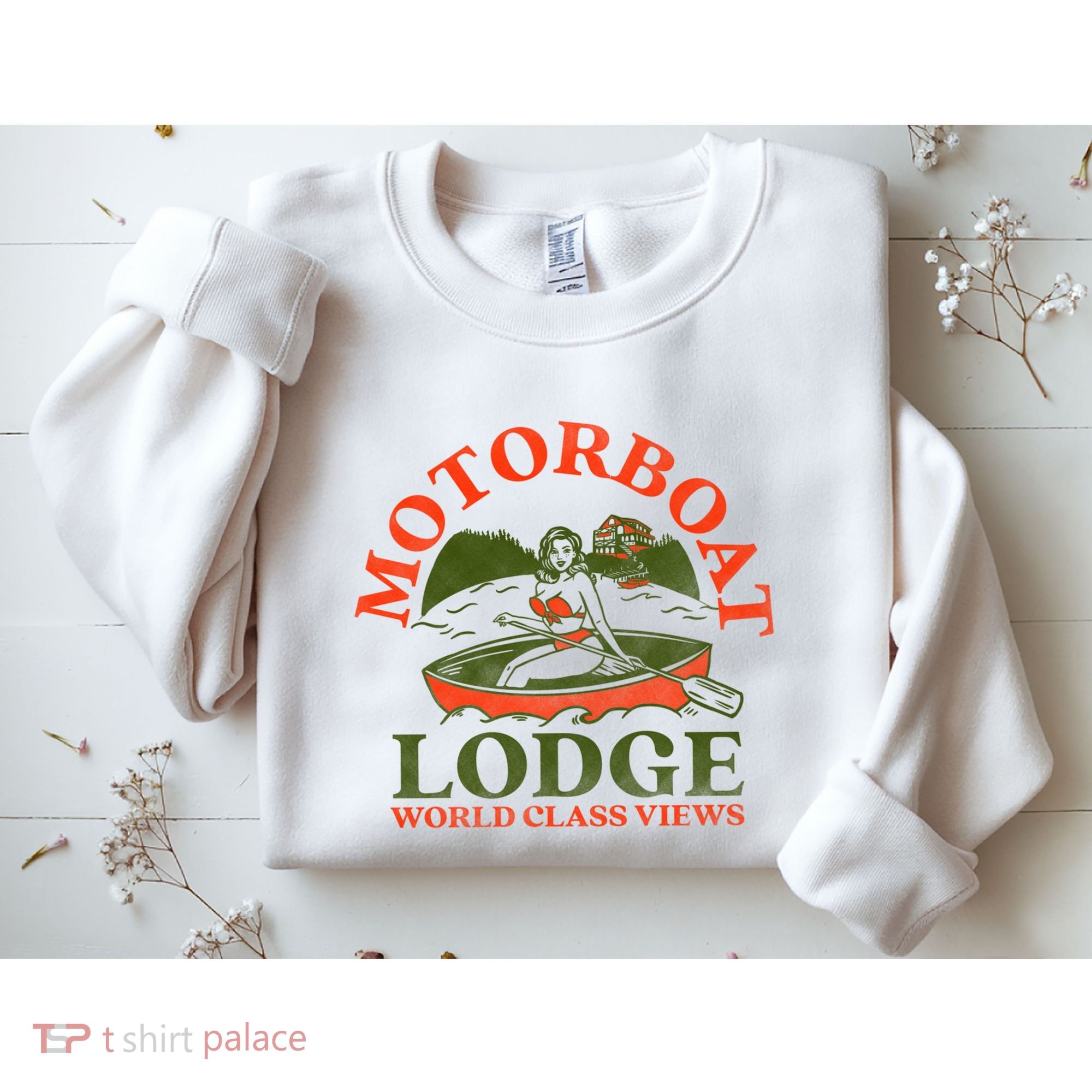 Motorboat Lodge World Class Views. Funny Retro Canoe Pinup Sweatshirt
