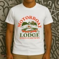 Motorboat Lodge World Class Views. Funny Retro Canoe Pinup T-Shirt thumb 3