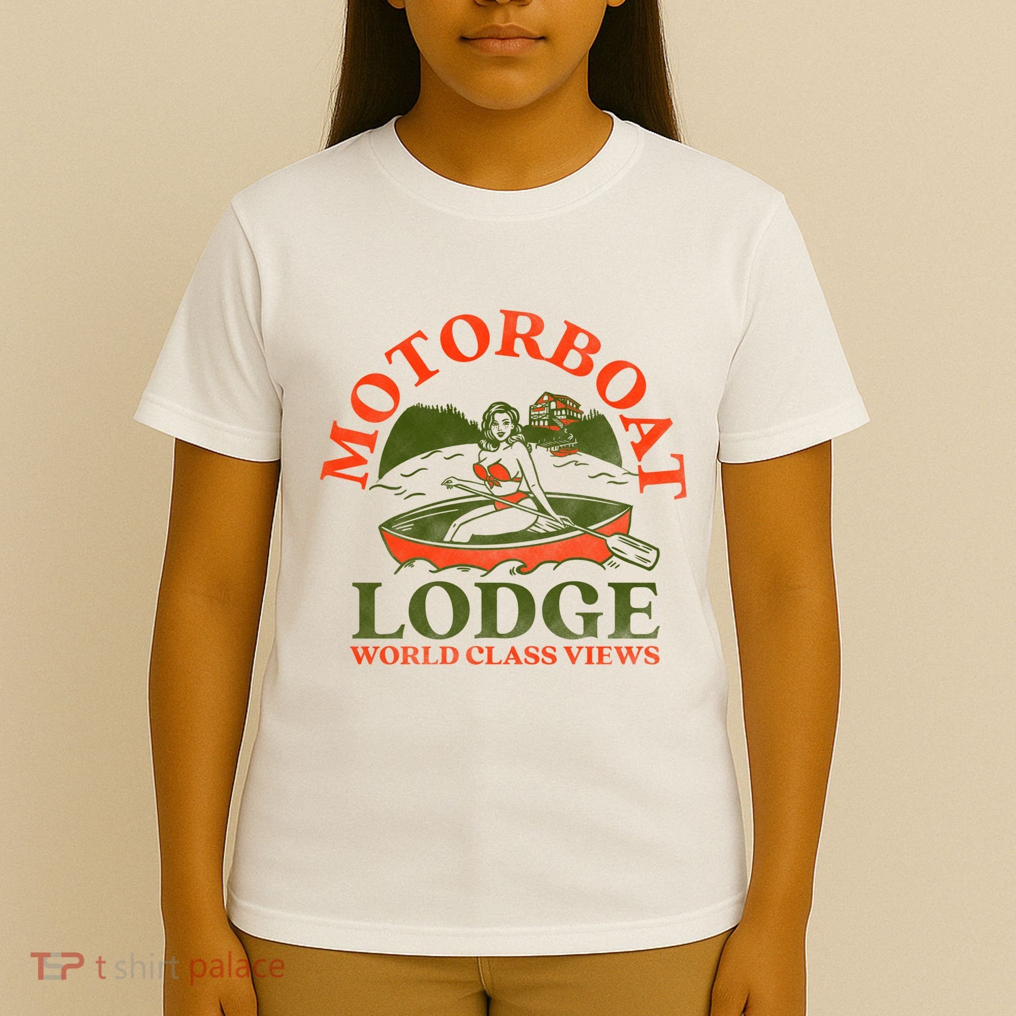 Motorboat Lodge World Class Views. Funny Retro Canoe Pinup T-Shirt