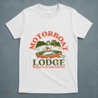 Motorboat Lodge World Class Views. Funny Retro Canoe Pinup T-Shirt thumb 5