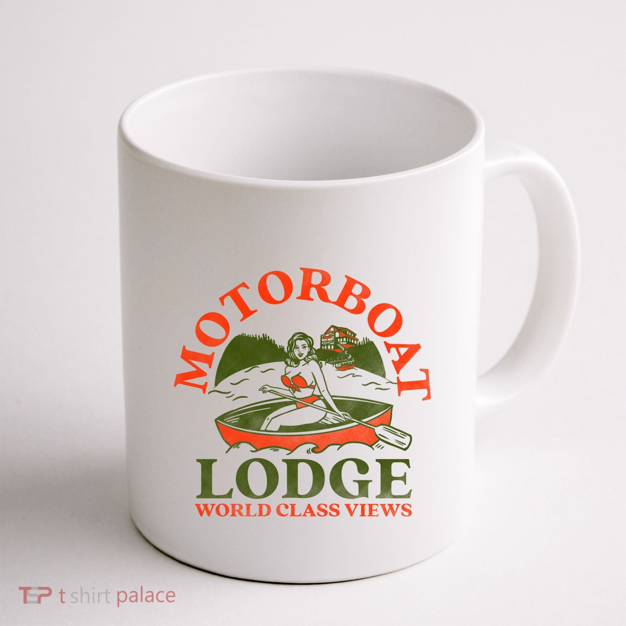 Motorboat Lodge World Class Views. Funny Retro Canoe Pinup Coffee Mug