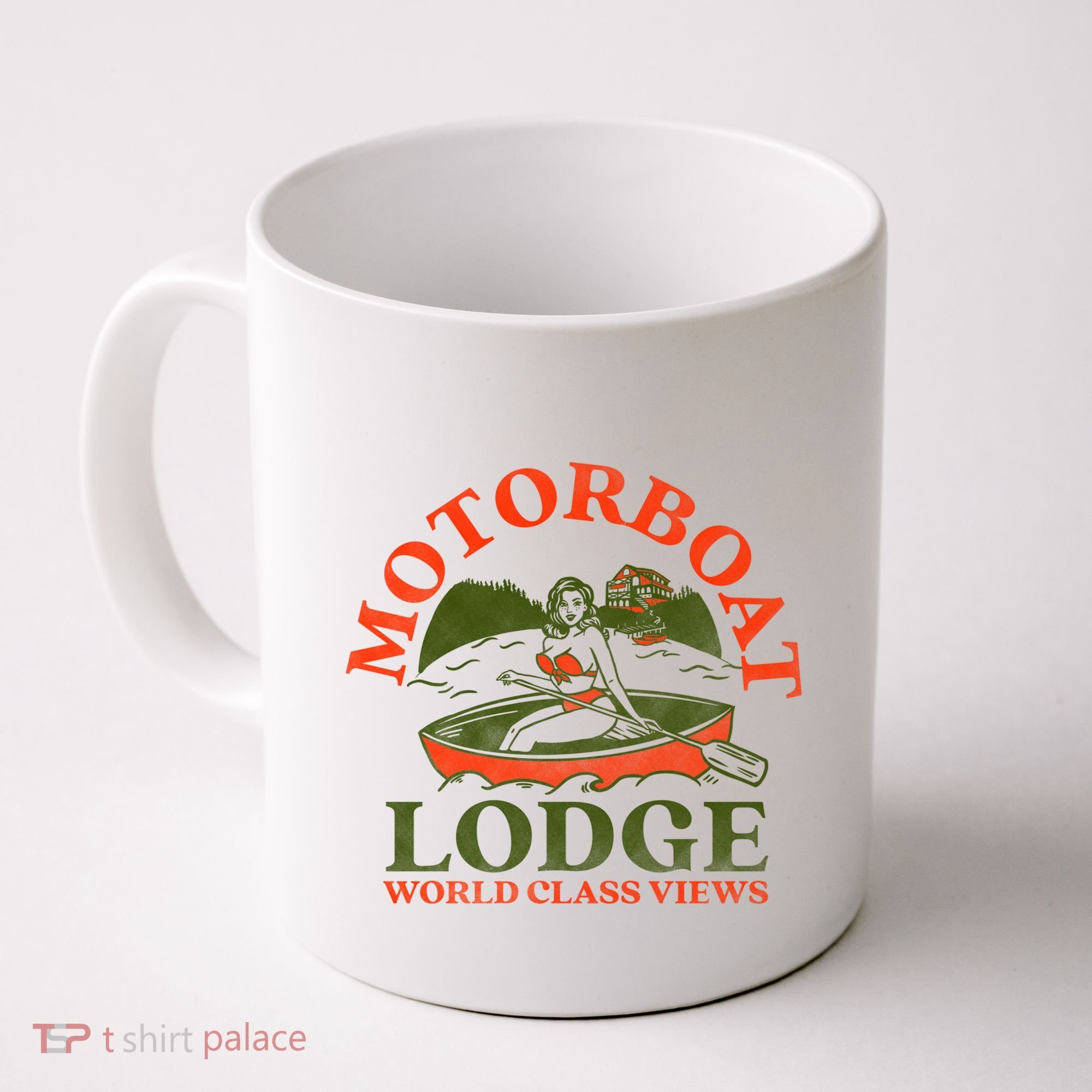 Motorboat Lodge World Class Views. Funny Retro Canoe Pinup Coffee Mug