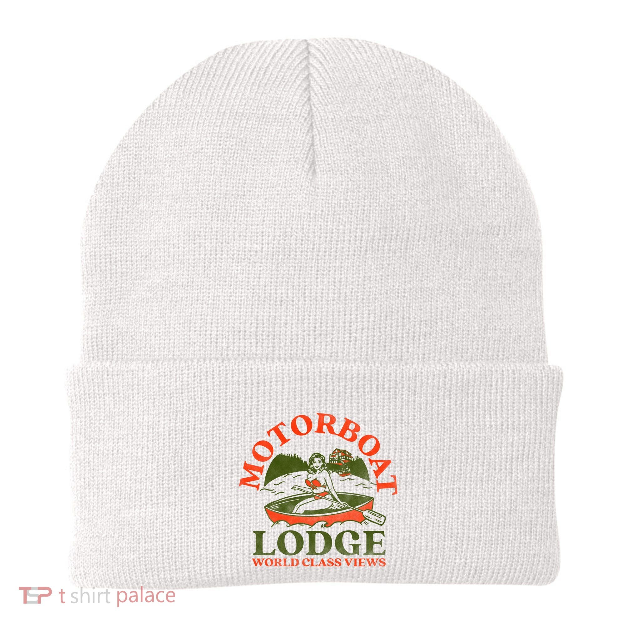 Motorboat Lodge World Class Views. Funny Retro Canoe Pinup Beanie