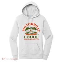 Motorboat Lodge World Class Views. Funny Retro Canoe Pinup Women's Hoodie thumb 0