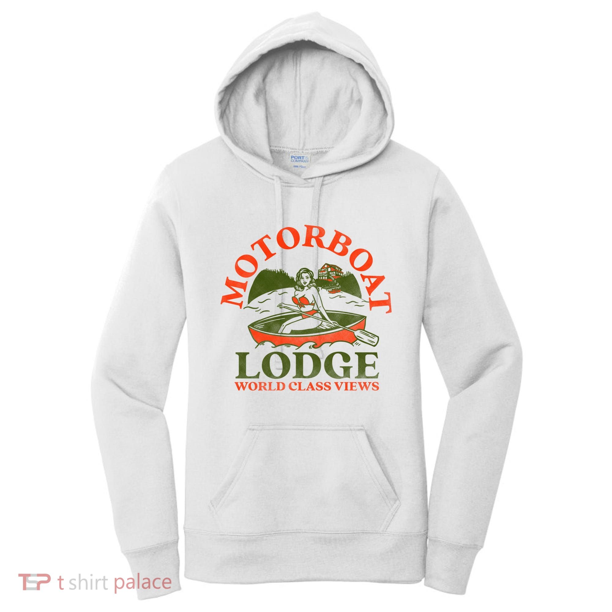 Motorboat Lodge World Class Views. Funny Retro Canoe Pinup Women's Hoodie
