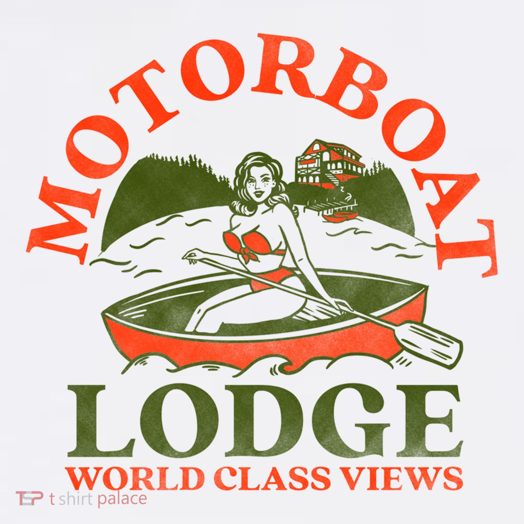 Motorboat Lodge World Class Views. Funny Retro Canoe Pinup Women's Hoodie