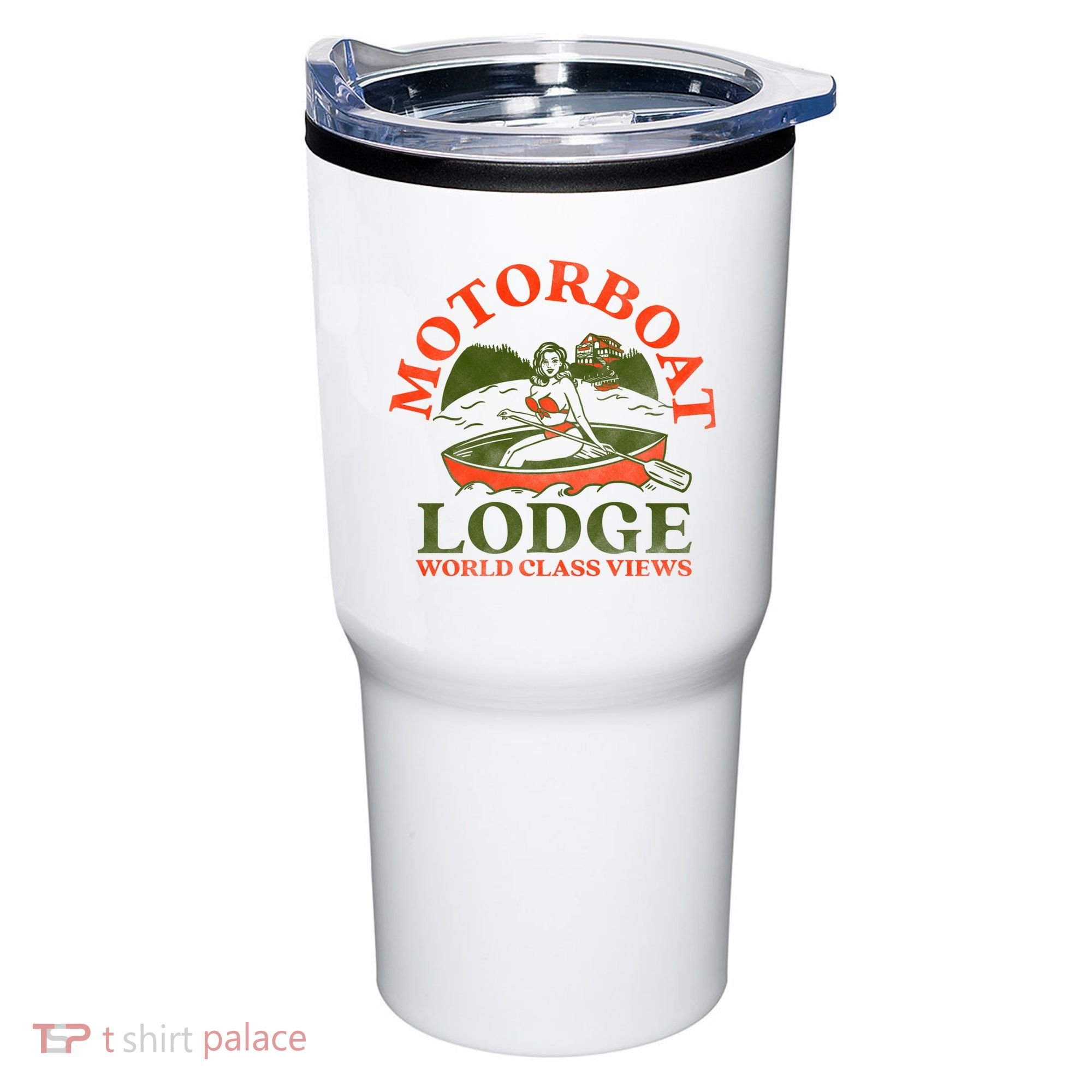 Motorboat Lodge World Class Views. Funny Retro Canoe Pinup Tumbler