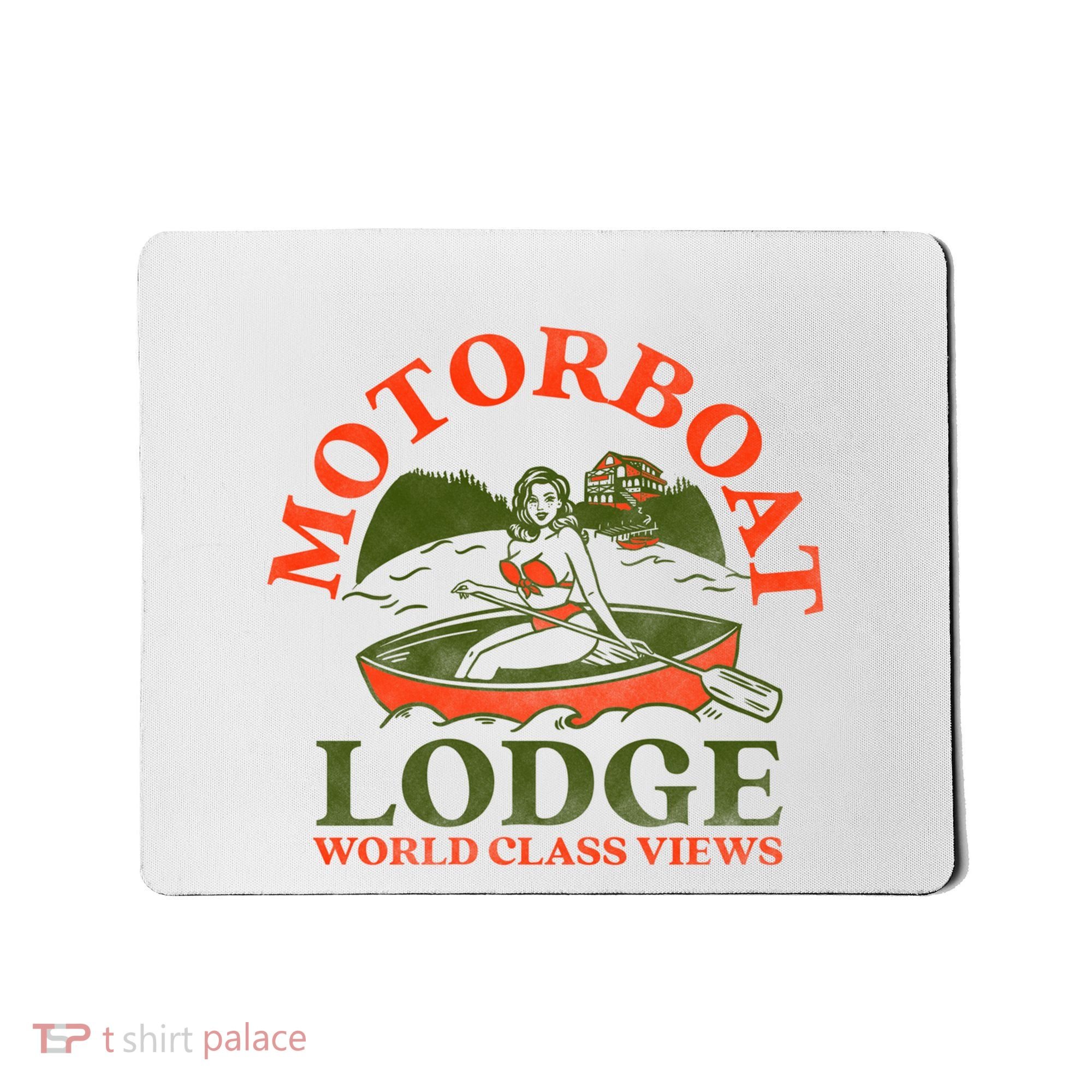Motorboat Lodge World Class Views. Funny Retro Canoe Pinup Mousepad