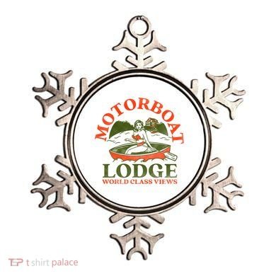 Motorboat Lodge World Class Views. Funny Retro Canoe Pinup Ornament
