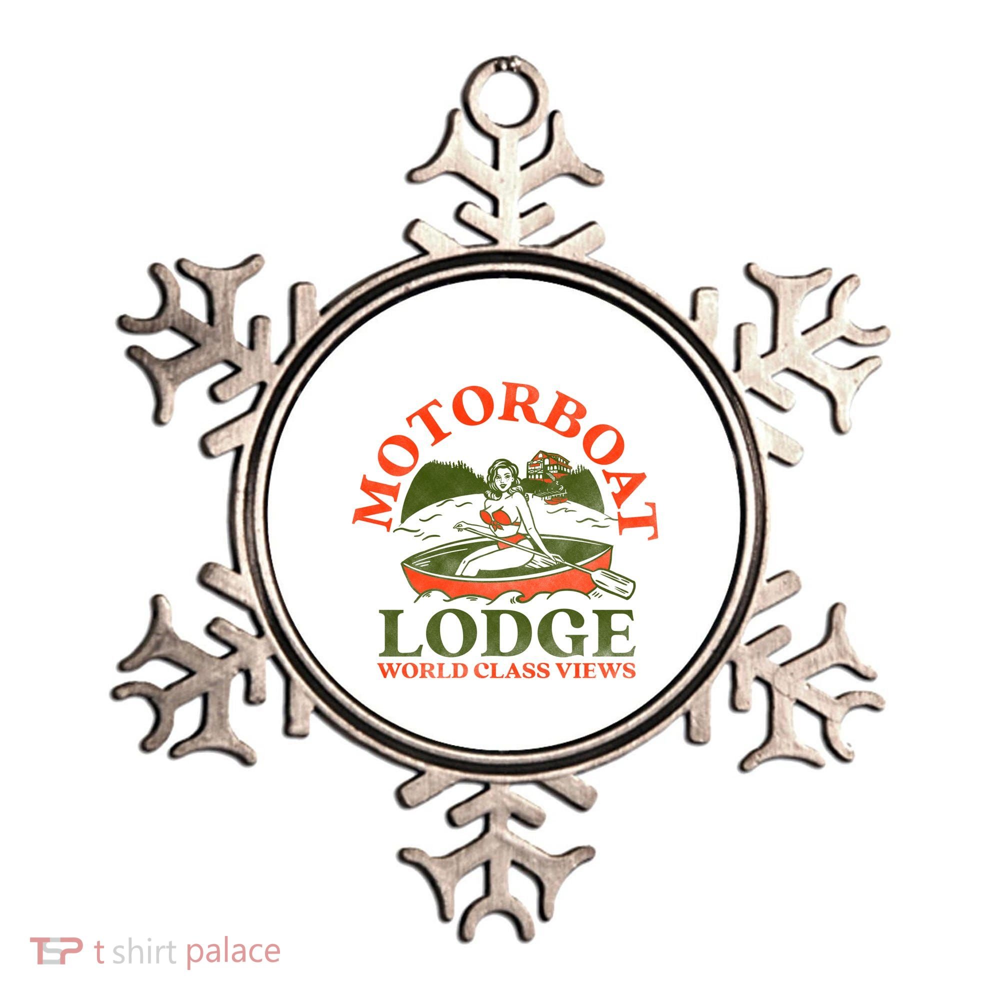 Motorboat Lodge World Class Views. Funny Retro Canoe Pinup Ornament