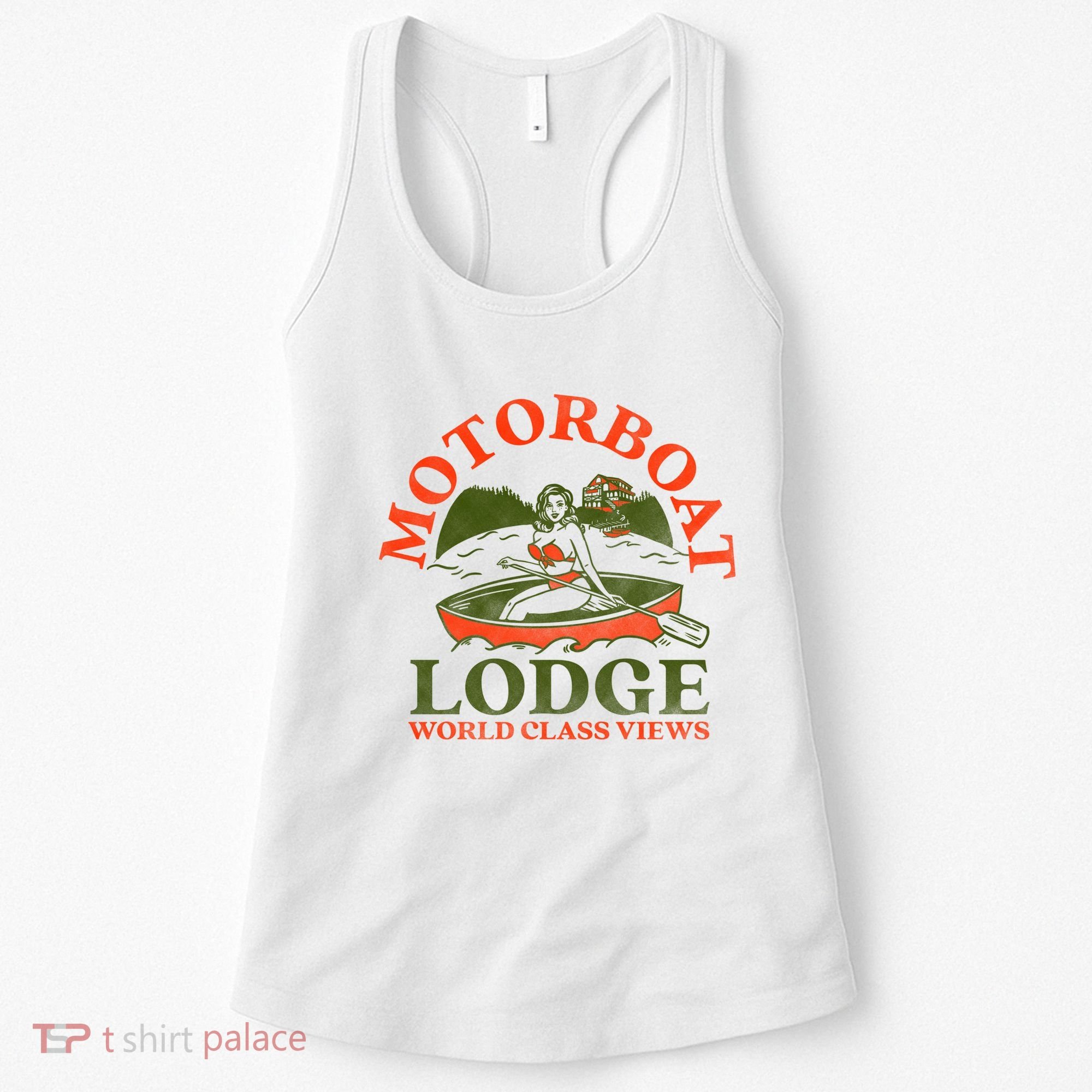 Motorboat Lodge World Class Views. Funny Retro Canoe Pinup Women's Tank Top