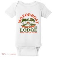Motorboat Lodge World Class Views. Funny Retro Canoe Pinup Baby Bodysuit thumb 0
