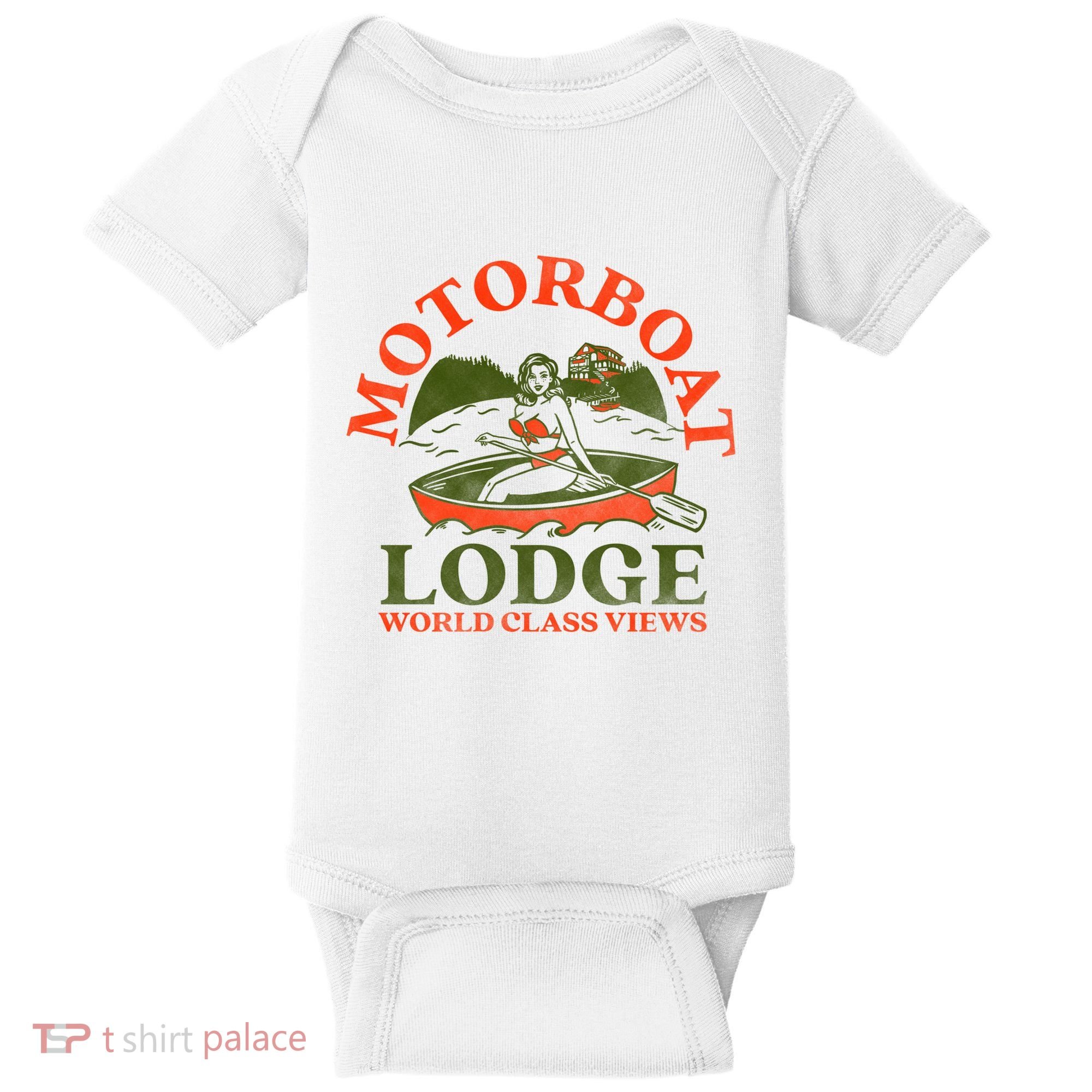 Motorboat Lodge World Class Views. Funny Retro Canoe Pinup Baby Bodysuit