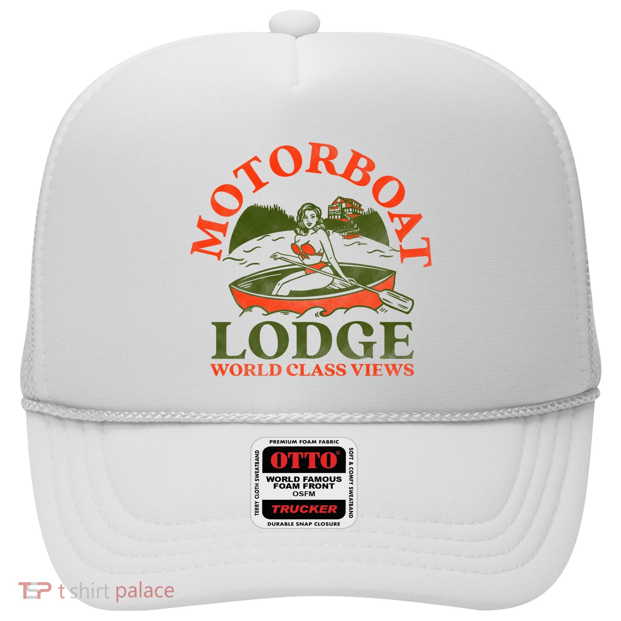 Motorboat Lodge World Class Views. Funny Retro Canoe Pinup Hat