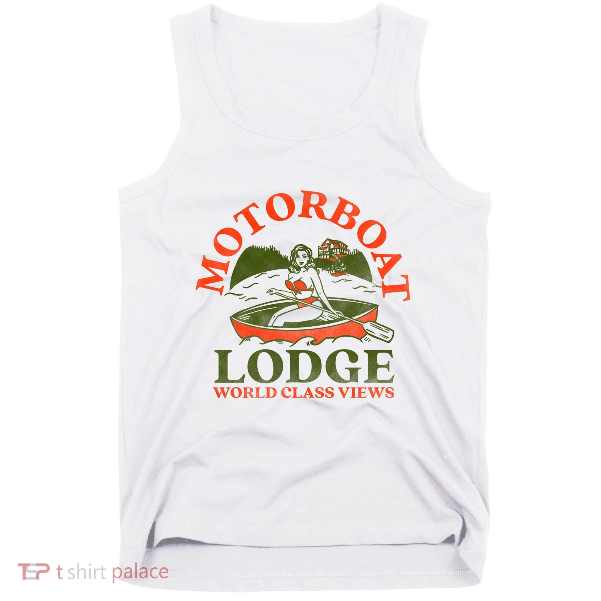 Motorboat Lodge World Class Views. Funny Retro Canoe Pinup Tank Top