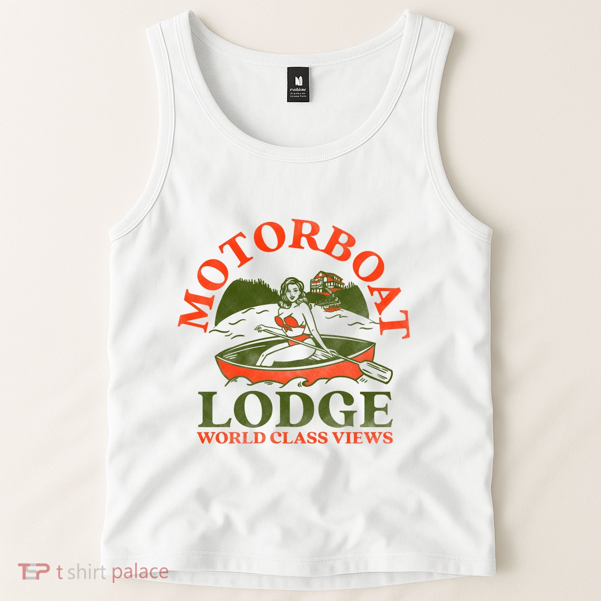 Motorboat Lodge World Class Views. Funny Retro Canoe Pinup Tank Top