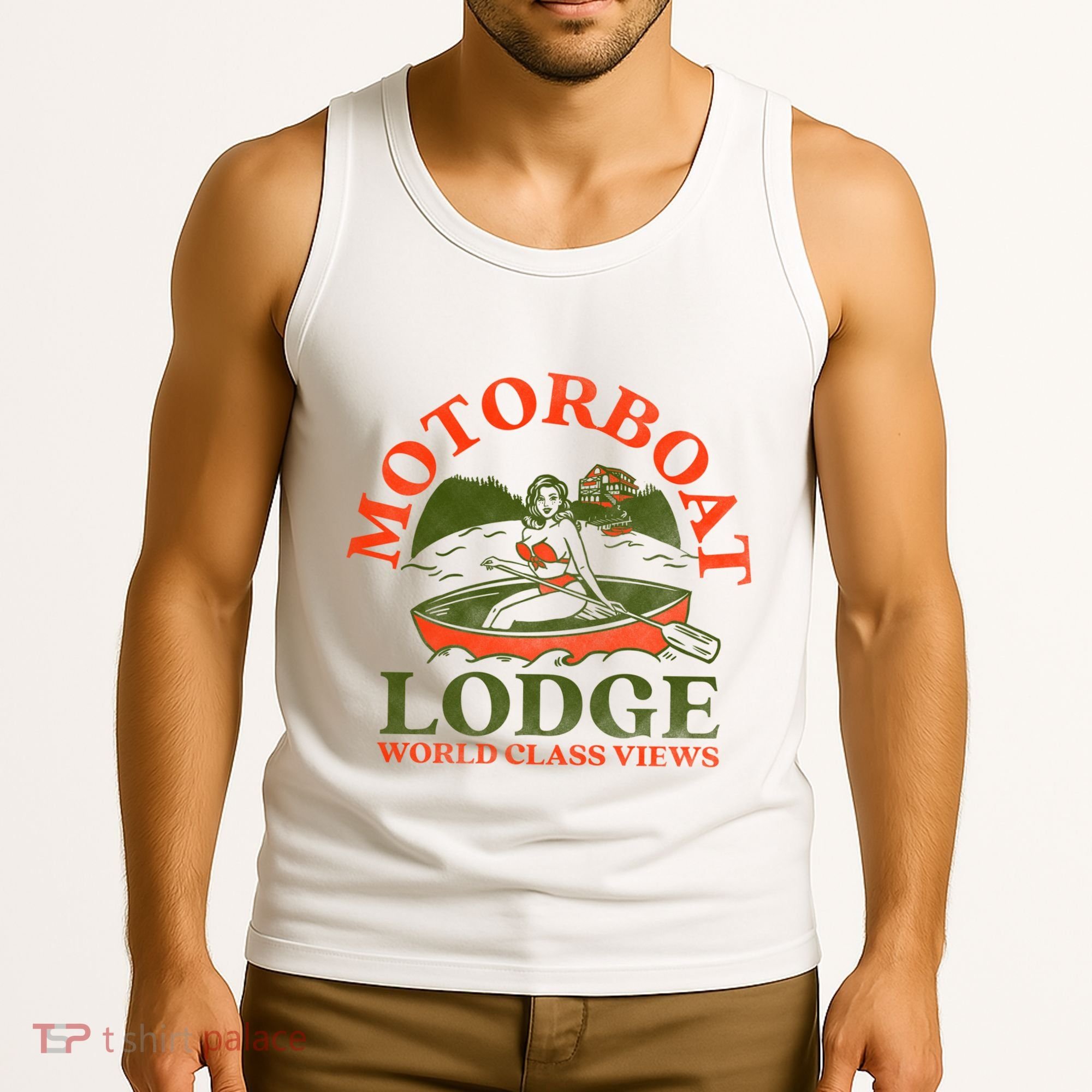 Motorboat Lodge World Class Views. Funny Retro Canoe Pinup Tank Top