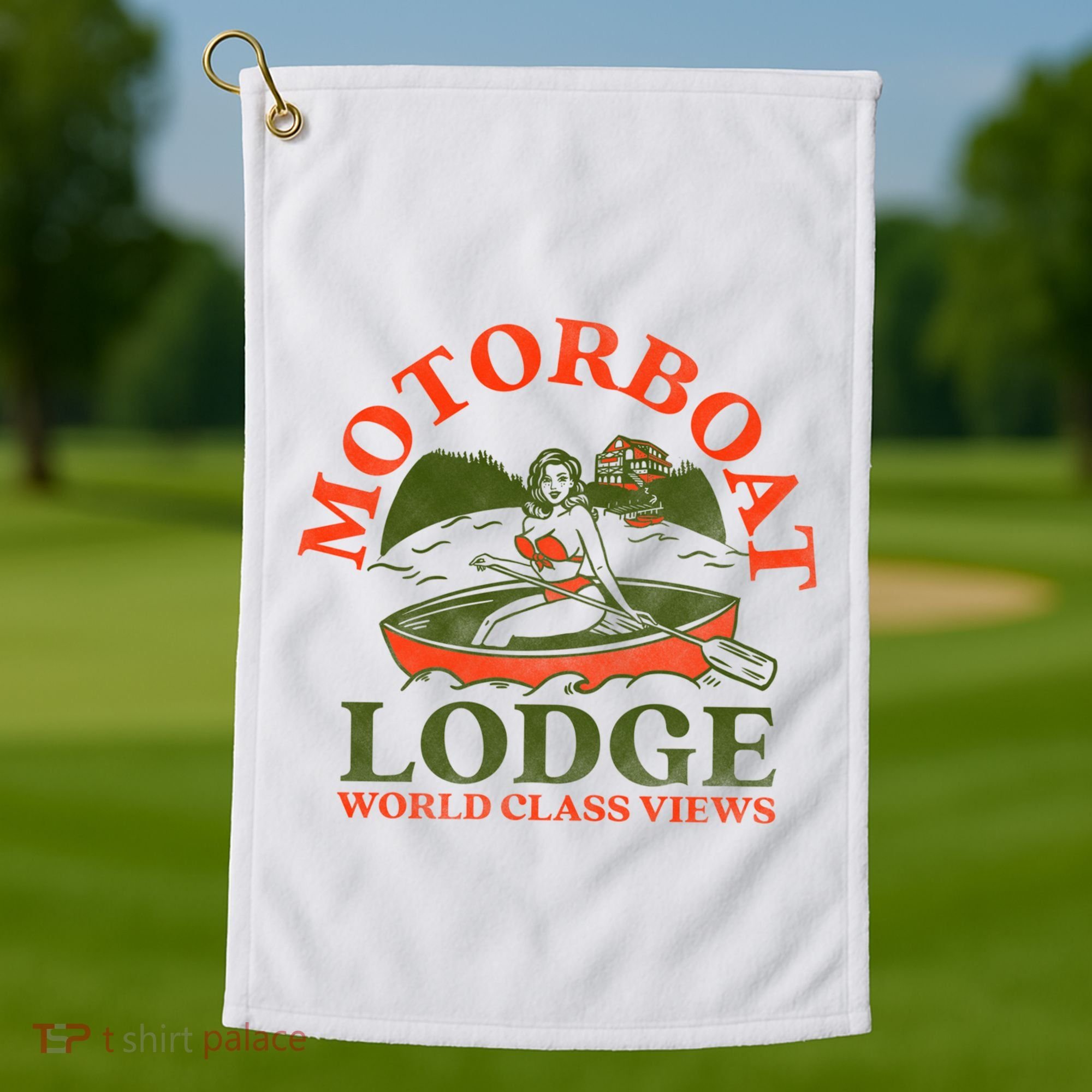 Motorboat Lodge World Class Views. Funny Retro Canoe Pinup Golf Towel