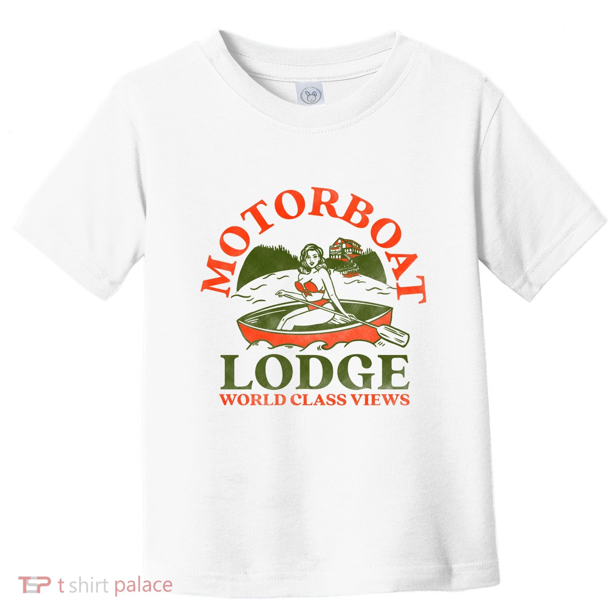 Motorboat Lodge World Class Views. Funny Retro Canoe Pinup Toddler T-Shirt