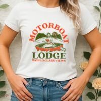 Motorboat Lodge World Class Views. Funny Retro Canoe Pinup Women's T-Shirt thumb 2