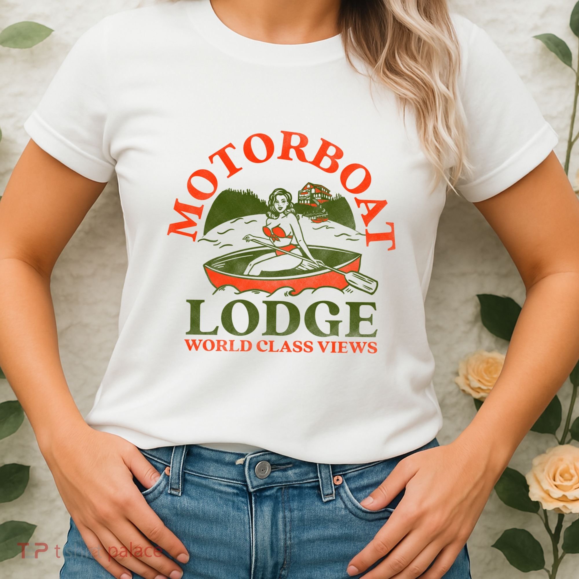 Motorboat Lodge World Class Views. Funny Retro Canoe Pinup Women's T-Shirt