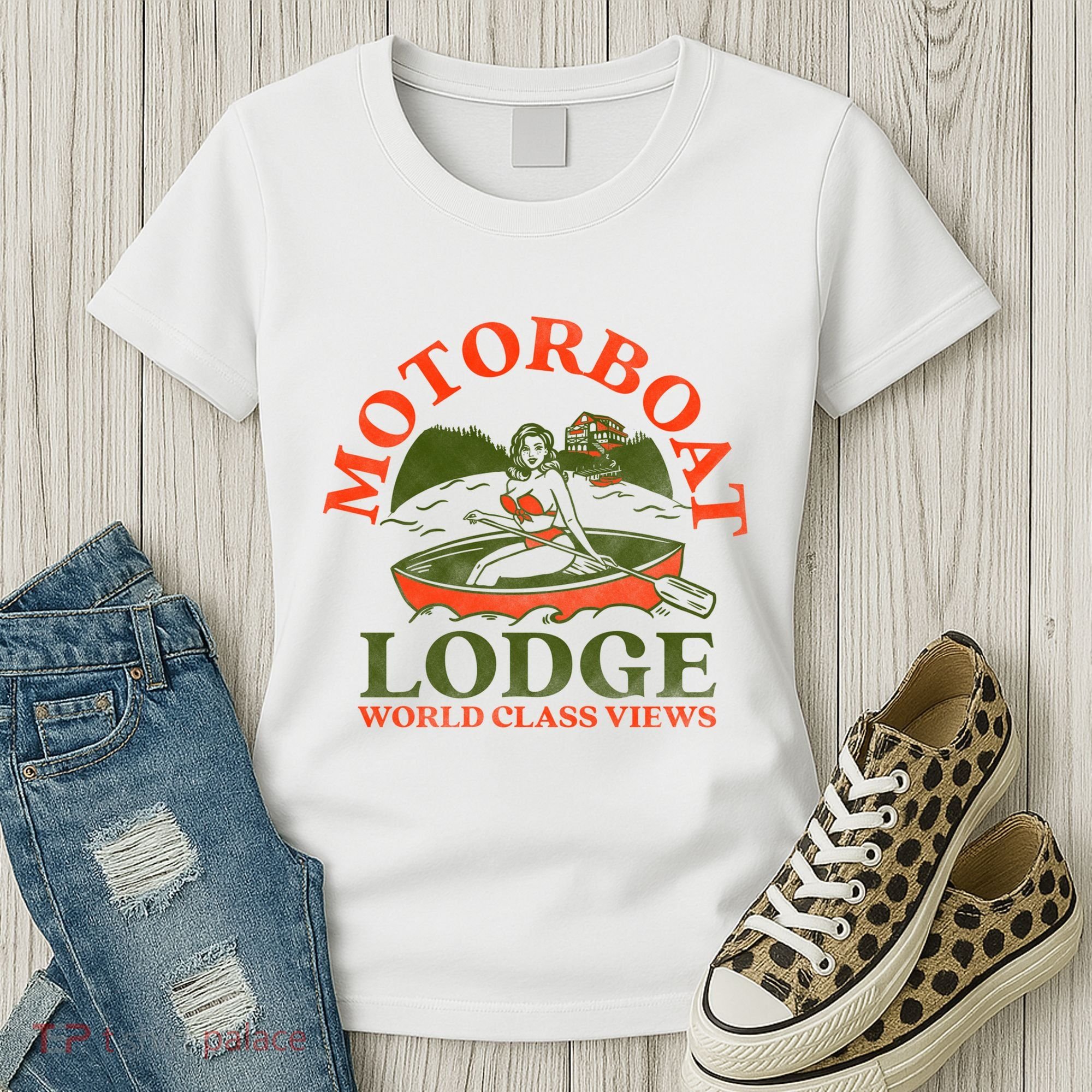 Motorboat Lodge World Class Views. Funny Retro Canoe Pinup Women's T-Shirt
