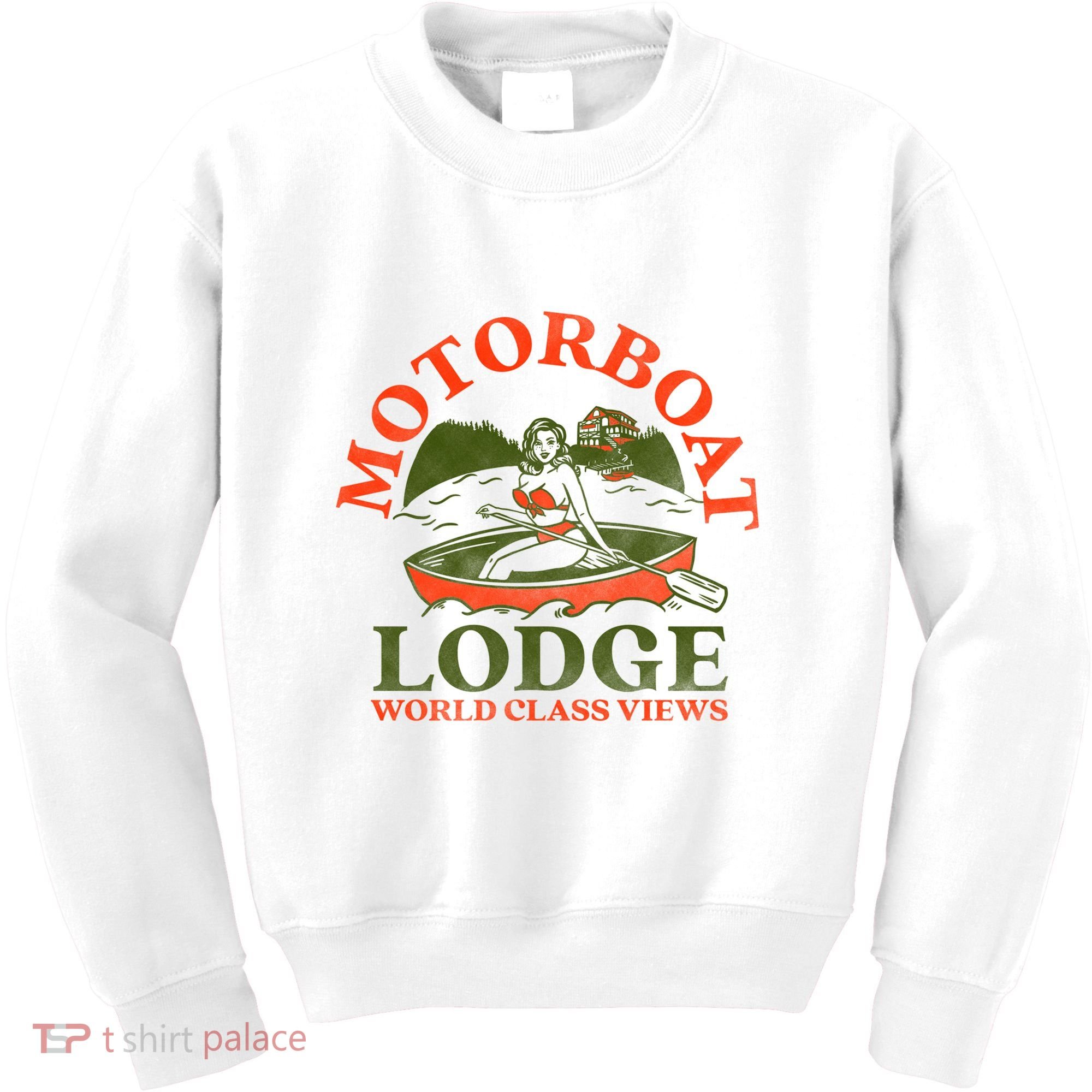 Motorboat Lodge World Class Views. Funny Retro Canoe Pinup Kids Sweatshirt