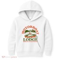 Motorboat Lodge World Class Views. Funny Retro Canoe Pinup Kids Hoodie thumb 0