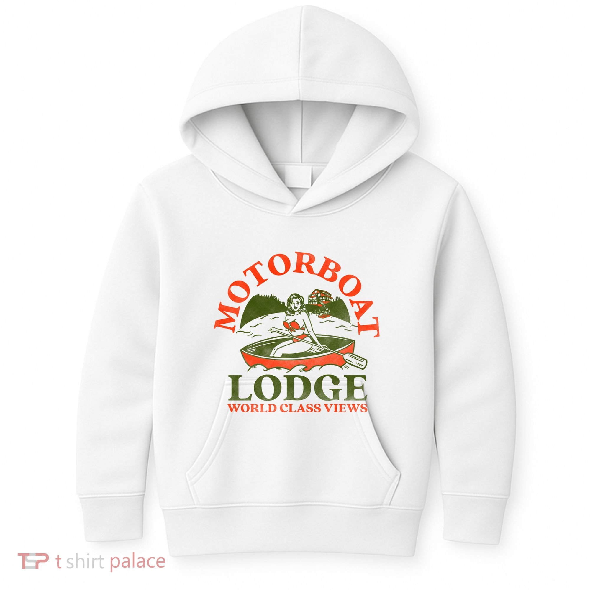 Motorboat Lodge World Class Views. Funny Retro Canoe Pinup Kids Hoodie