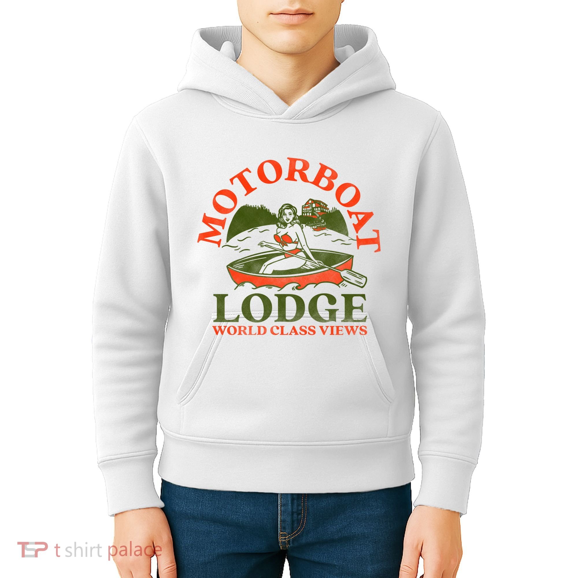 Motorboat Lodge World Class Views. Funny Retro Canoe Pinup Kids Hoodie