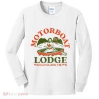 Motorboat Lodge World Class Views. Funny Retro Canoe Pinup Kids Long Sleeve Shirt thumb 0