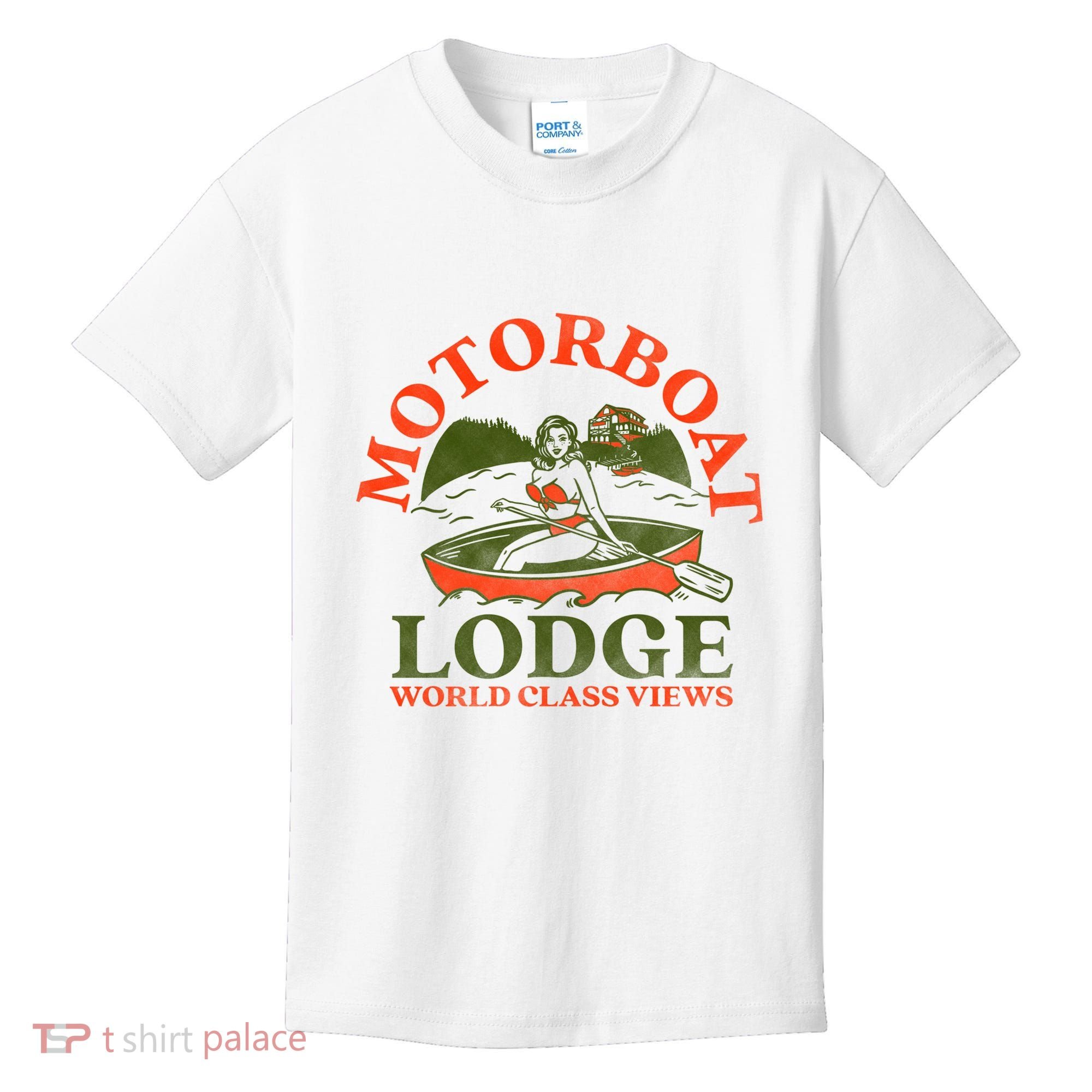 Motorboat Lodge World Class Views. Funny Retro Canoe Pinup Kids T-Shirt