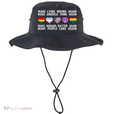 Make Lying Wrong Again Make America Think Again Make Human Matter Again Sarcasti Bucket Hat