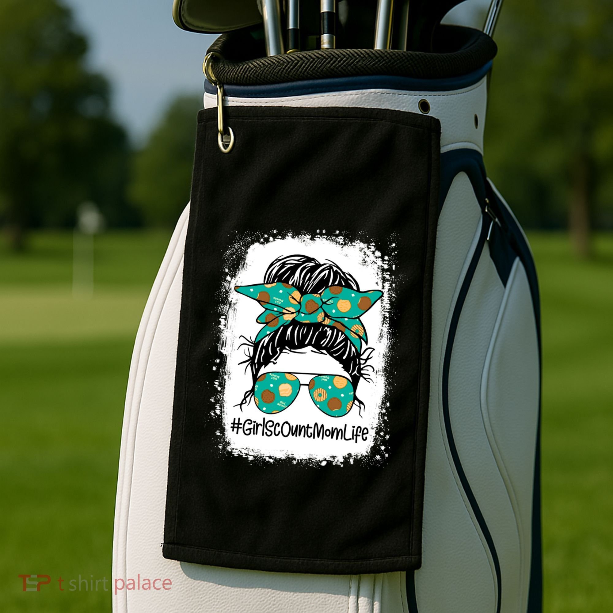 Momlife Messy Bun Scout Cookie Mom Gift Golf Towel