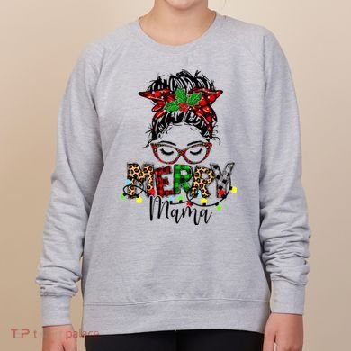 Merry Mama Christmas Messy Bun Ladies Red Plaid Leopard Gift Women's Sweatshirt
