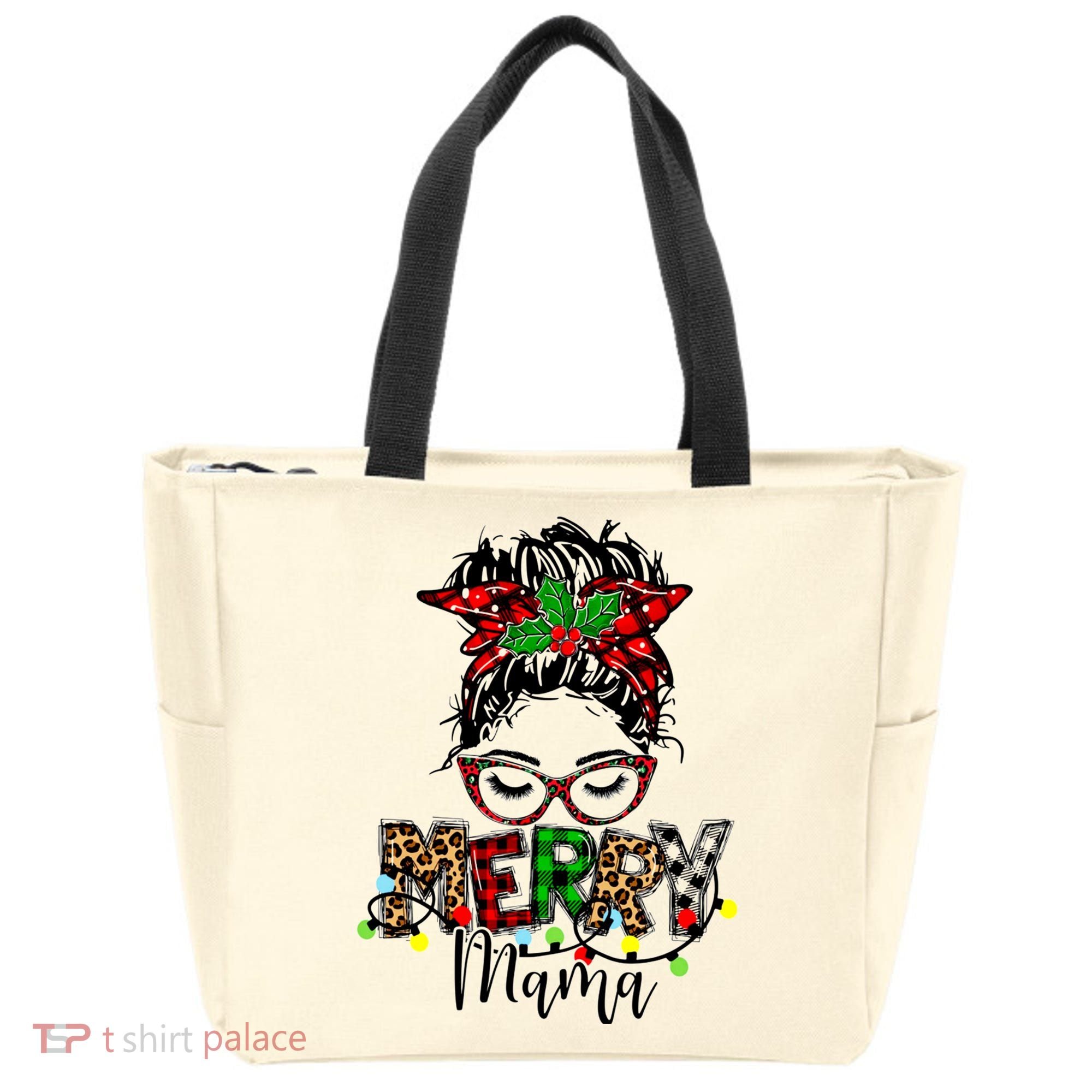 Merry Mama Christmas Messy Bun Ladies Red Plaid Leopard Gift Tote Bag