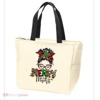 Merry Mama Christmas Messy Bun Ladies Red Plaid Leopard Gift Tote Bag thumb 3