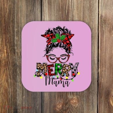 Merry Mama Christmas Messy Bun Ladies Red Plaid Leopard Gift Coaster