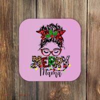 Merry Mama Christmas Messy Bun Ladies Red Plaid Leopard Gift Coaster thumb 0