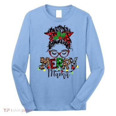 Merry Mama Christmas Messy Bun Ladies Red Plaid Leopard Gift Long Sleeve Shirt