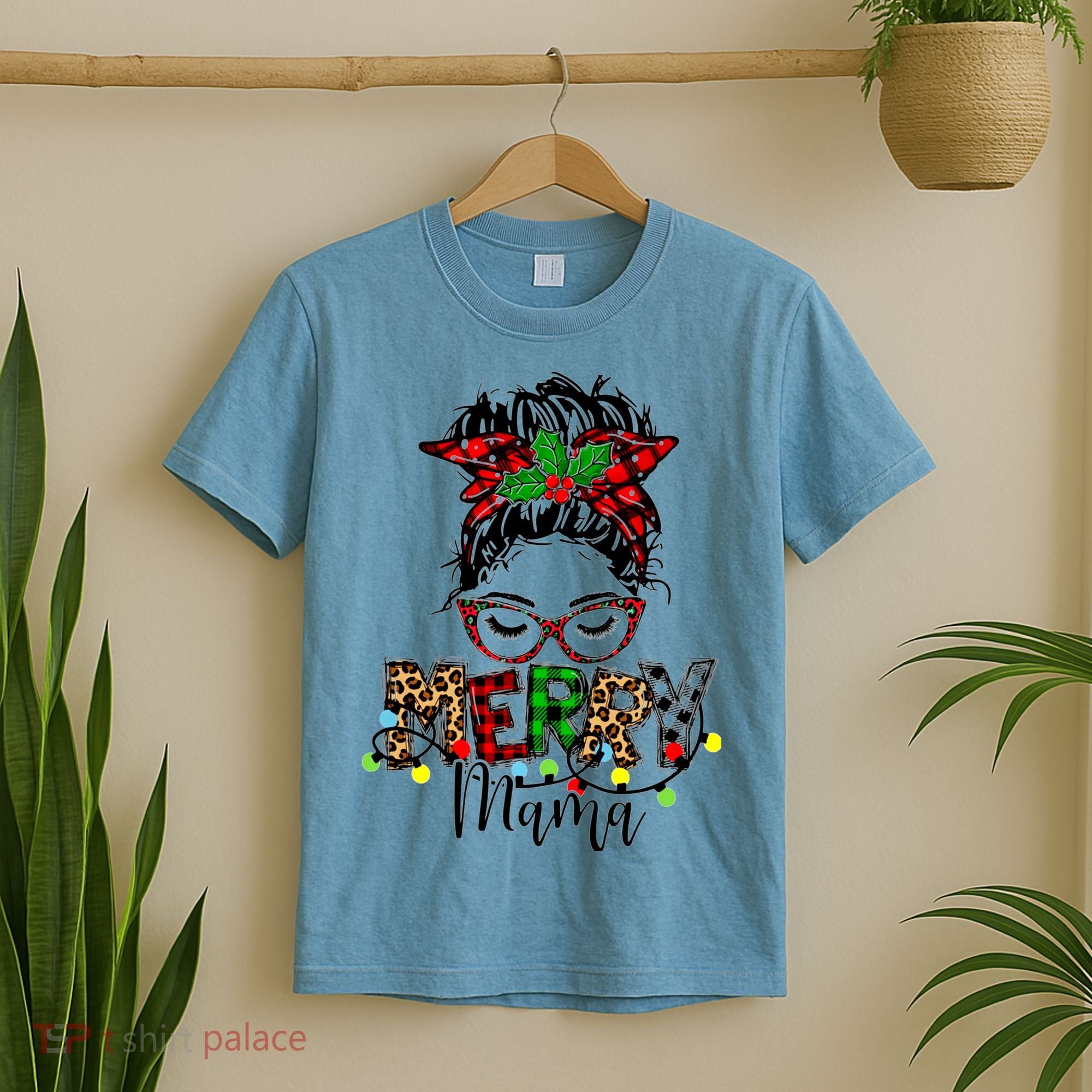 Merry Mama Christmas Messy Bun Ladies Red Plaid Leopard Gift T-Shirt