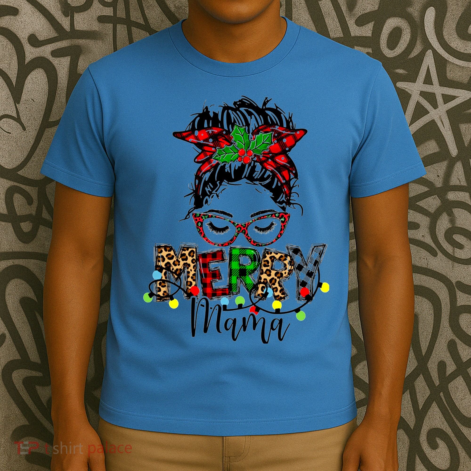 Merry Mama Christmas Messy Bun Ladies Red Plaid Leopard Gift T-Shirt