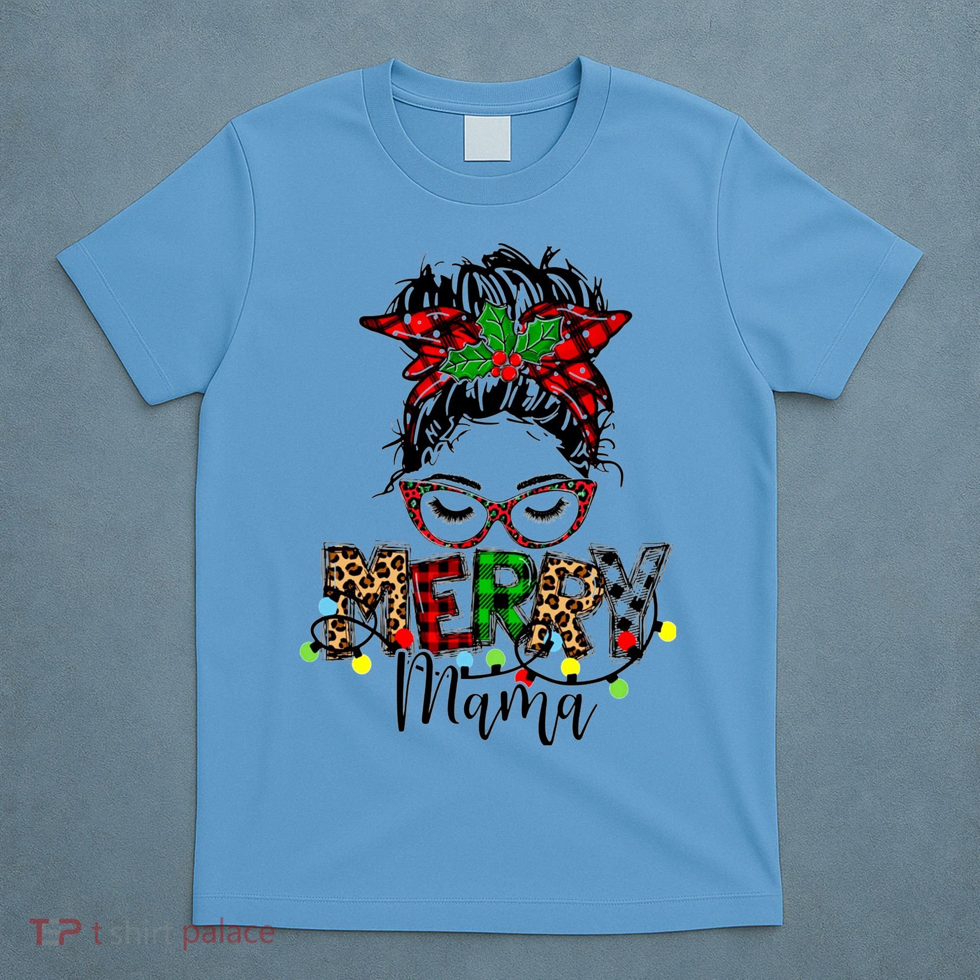 Merry Mama Christmas Messy Bun Ladies Red Plaid Leopard Gift T-Shirt