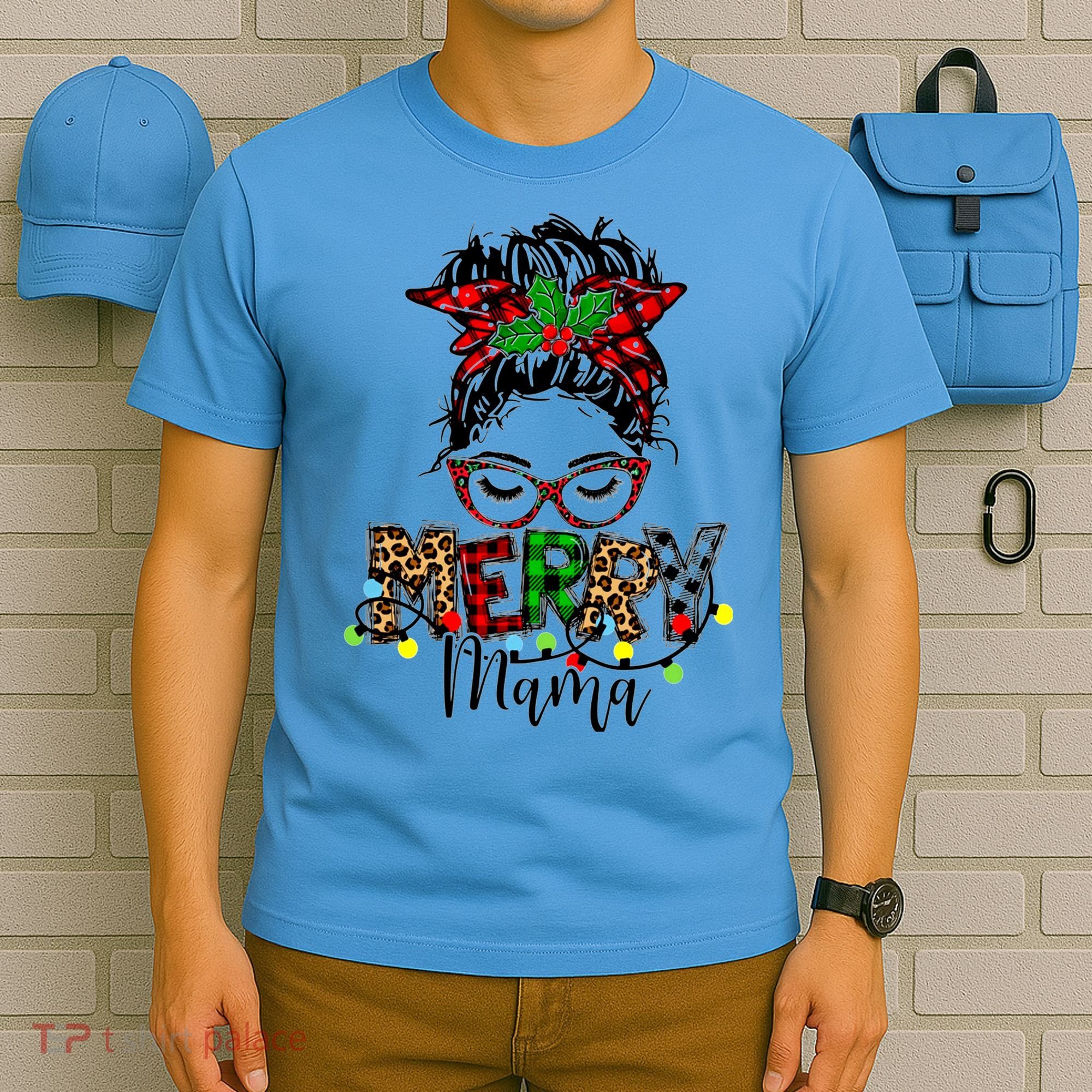 Merry Mama Christmas Messy Bun Ladies Red Plaid Leopard Gift T-Shirt