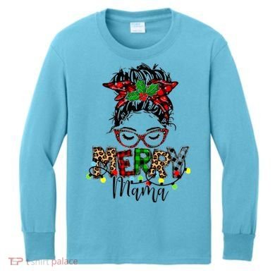 Merry Mama Christmas Messy Bun Ladies Red Plaid Leopard Gift Kids Long Sleeve Shirt