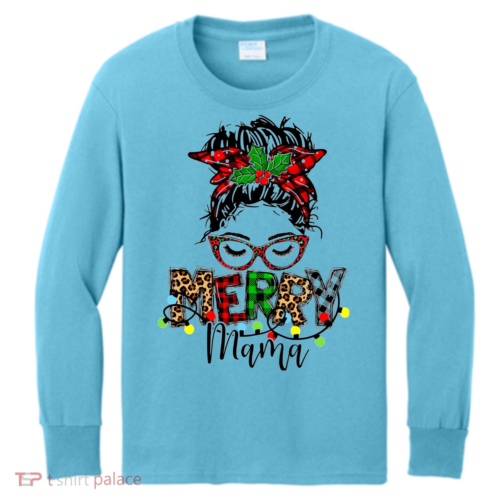 Merry Mama Christmas Messy Bun Ladies Red Plaid Leopard Gift Kids Long Sleeve Shirt