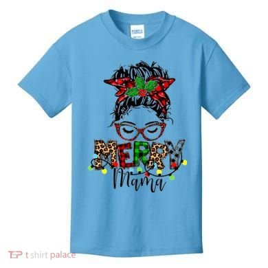 Merry Mama Christmas Messy Bun Ladies Red Plaid Leopard Gift Kids T-Shirt