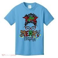 Merry Mama Christmas Messy Bun Ladies Red Plaid Leopard Gift Kids T-Shirt thumb 0