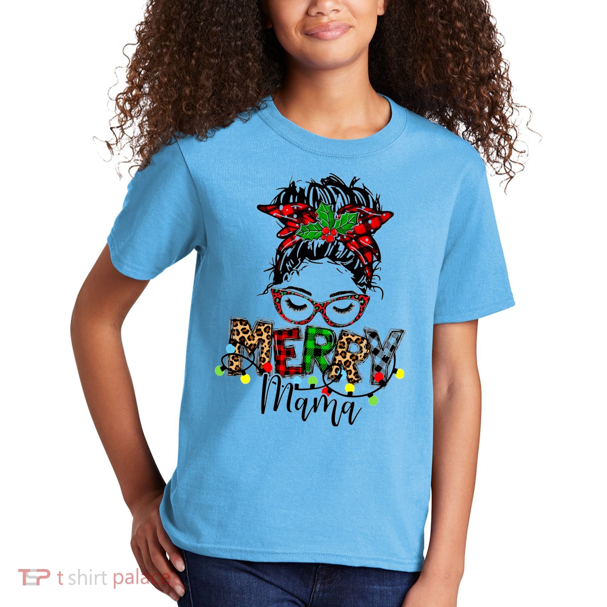 Merry Mama Christmas Messy Bun Ladies Red Plaid Leopard Gift Kids T-Shirt