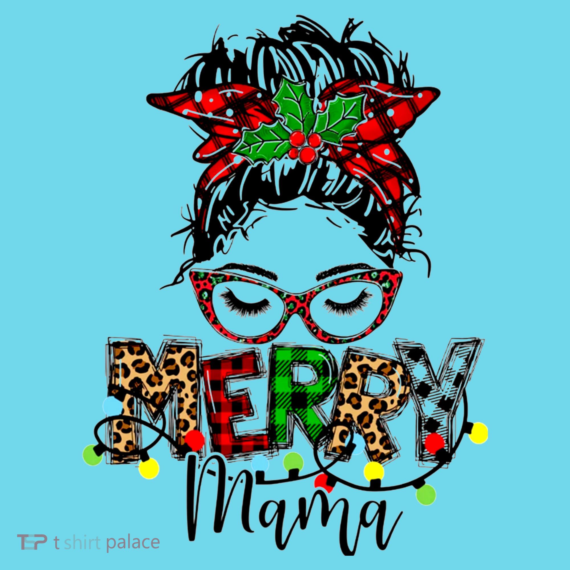 Merry Mama Christmas Messy Bun Ladies Red Plaid Leopard Gift Kids T-Shirt